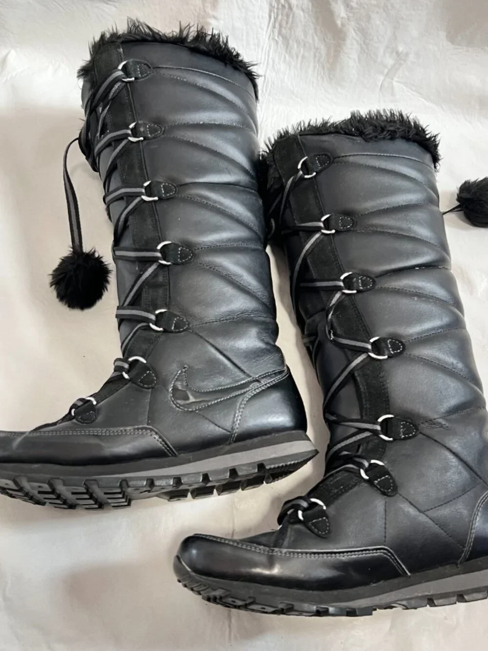 Nike Winter Hi 3 Premium Sneaker Boots black leather pom pom womens 7.5 tall